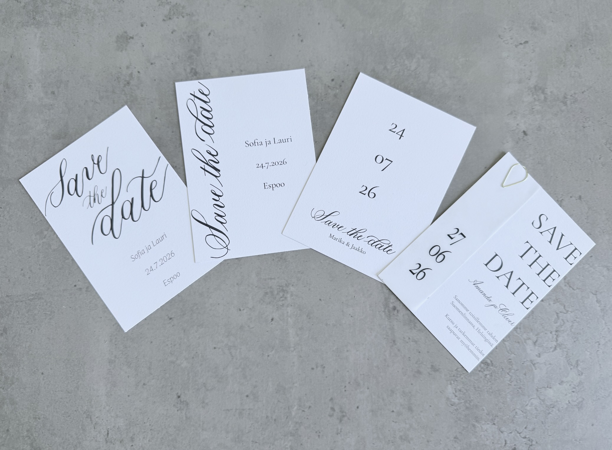 Paperituotteet. Save the date esimerkkejä.